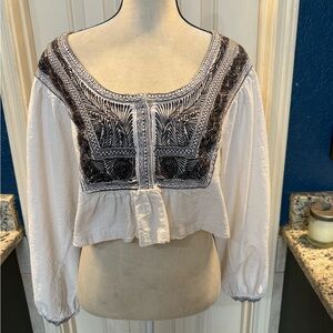 Free People Black and White Embroidered Blouse